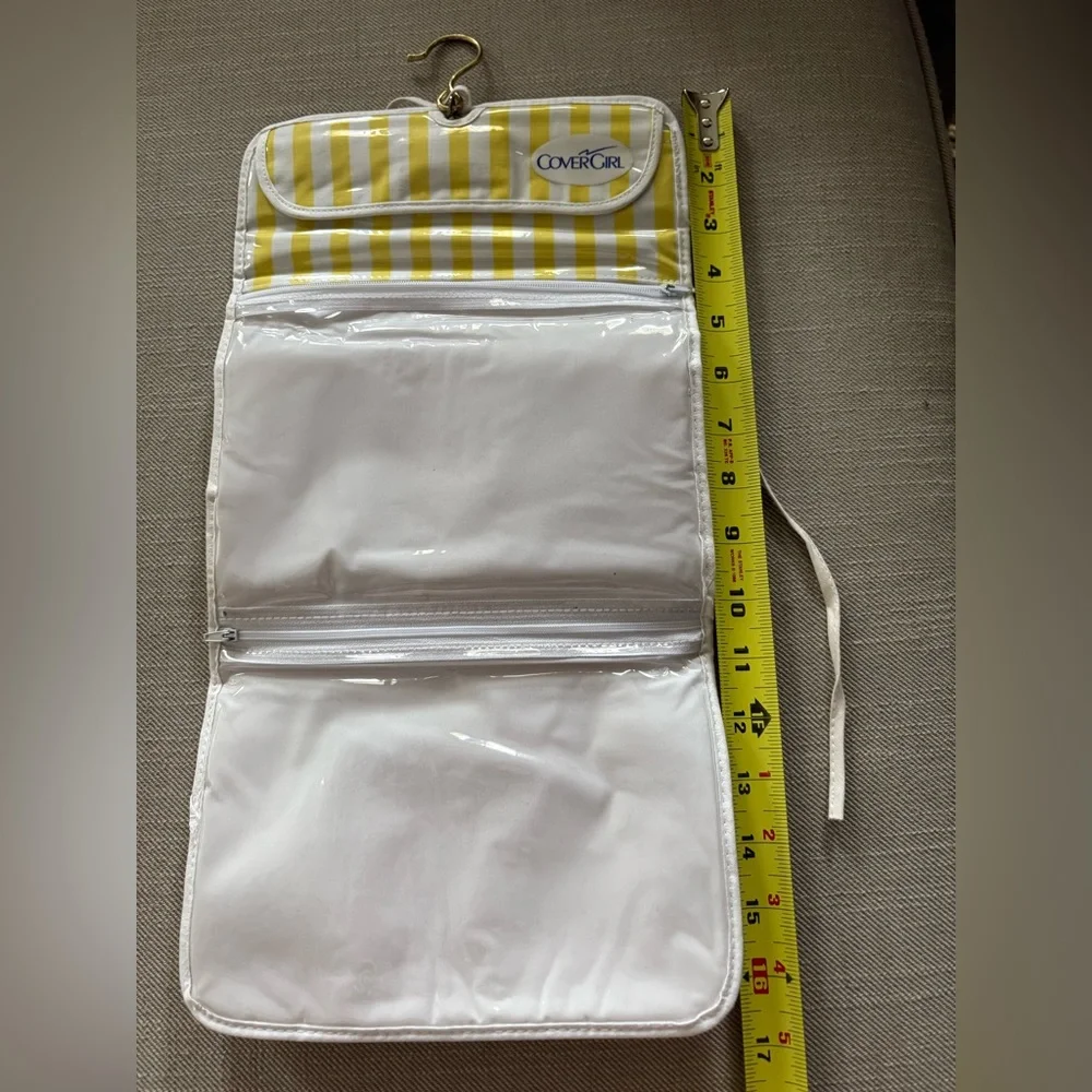Vintage 1980s Covergirl Hanging Makeup Organizer. White and yellow stripe